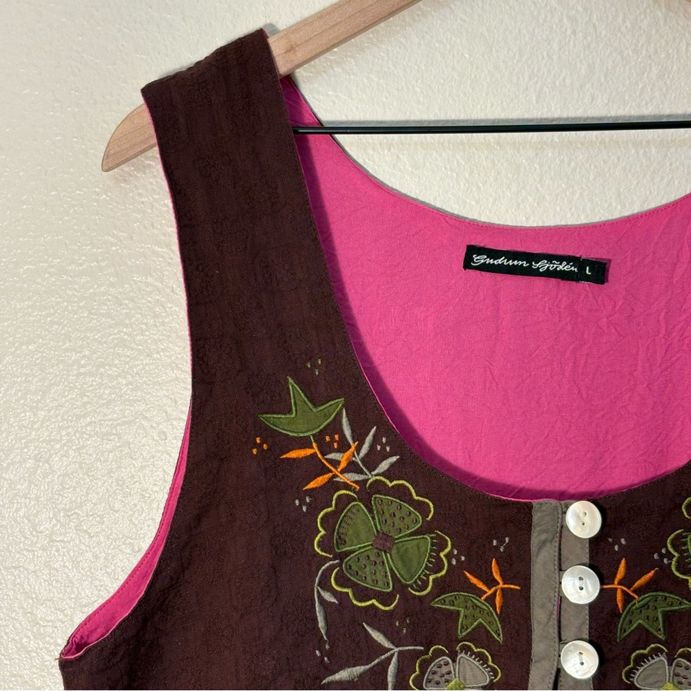 Gudrun Sjoden 100% Organic Cotton Brown Embroidered Vest with Pink Lining - Picture 4 of 16